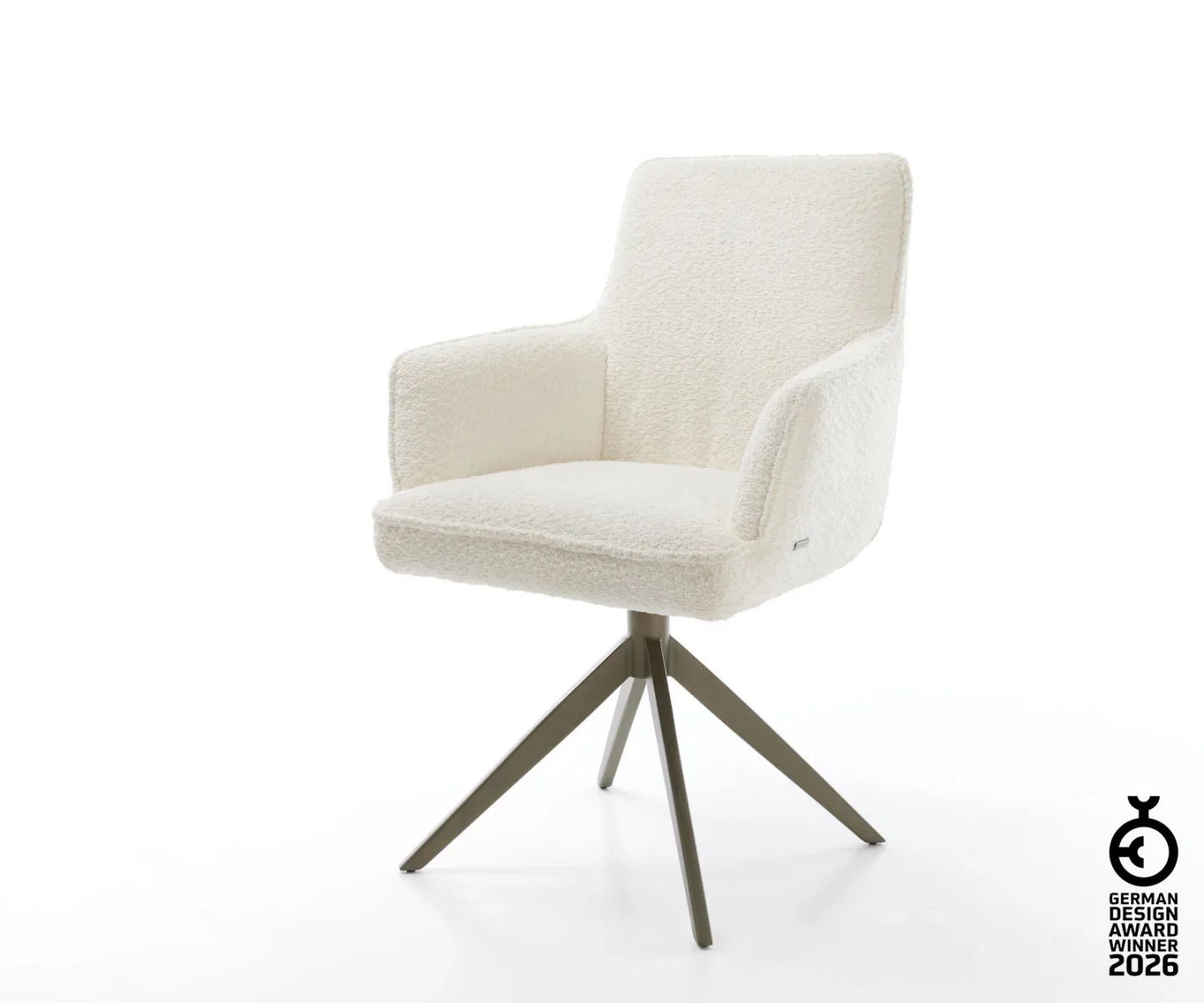 Drehstuhl Heira-Flex mit Armlehnen Bouclé Weiß Kreuzgestell breit Effektfinish Titan 360° drehbar Taschenfederkern