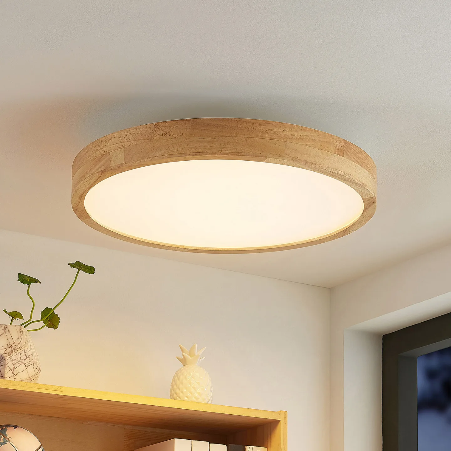 Lanira LED Deckenleuchte, CCT, Ø 50, Holz, Fernbedienung - Lindby - Wohnzimmer - Modern - Rund