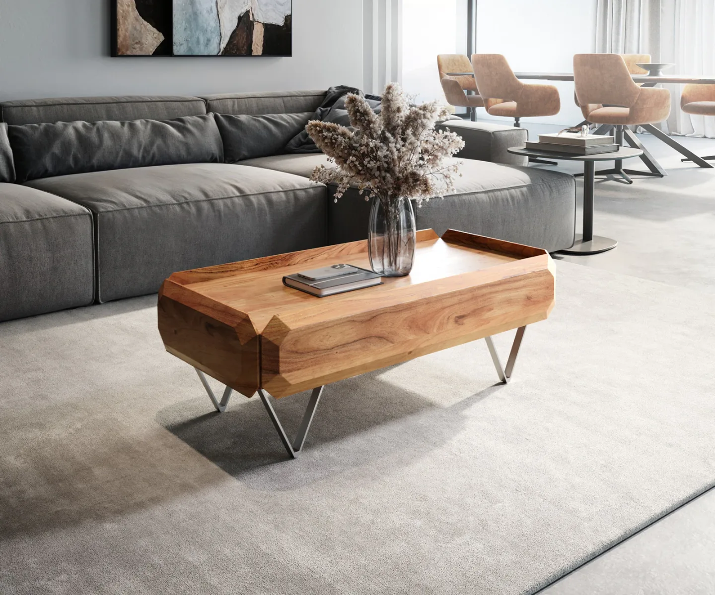 Couchtisch Kiano 100x50 cm Akazie Natur 2 Schübe V-Fuß Edelstahl