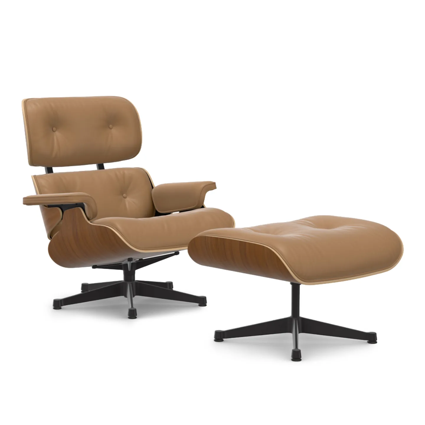 Vitra - Eames Lounge Set Natural Walnut Leather Natural Caramel 01 Deep Black - Fåtöljer - Charles & Ray Eames - Brun