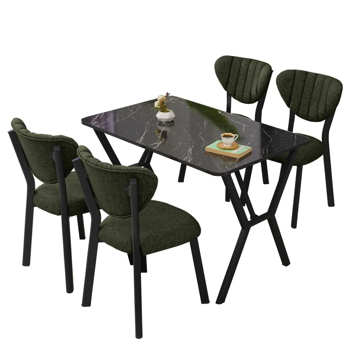 Krylor Matgrupp Bord 110 cm + 4 Stolar - Grön Och Svart