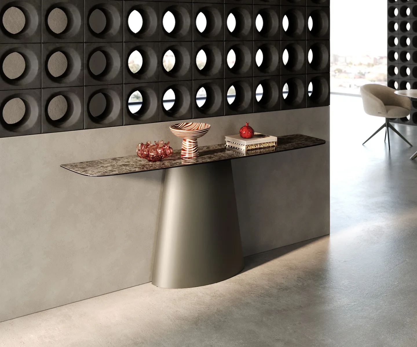 Konsolentisch Edge Boot 180x40 cm Keramik Emperador Extra Lucidato Dunkelbraun Conos Metall Effektfinish Titan