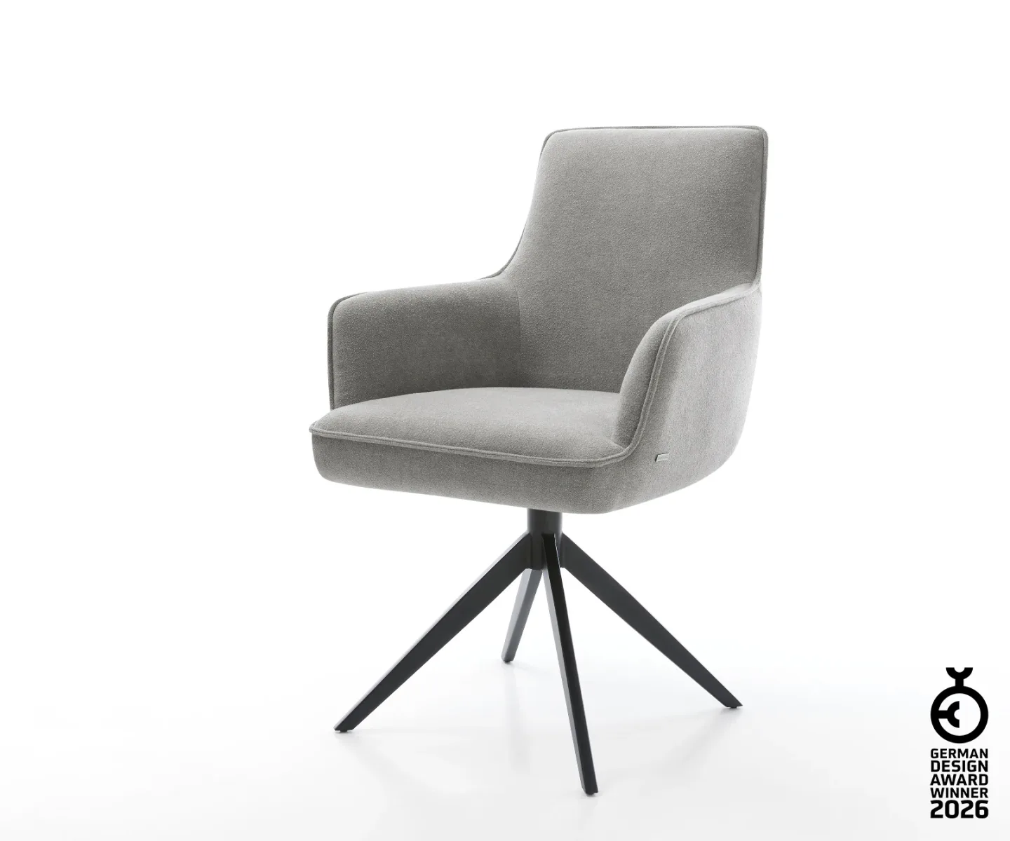 Drehstuhl Heira-Flex mit Armlehnen Strukturstoff Soft Grau Kreuzgestell breit Schwarz 360° drehbar Wippfunktion Taschenfederkern