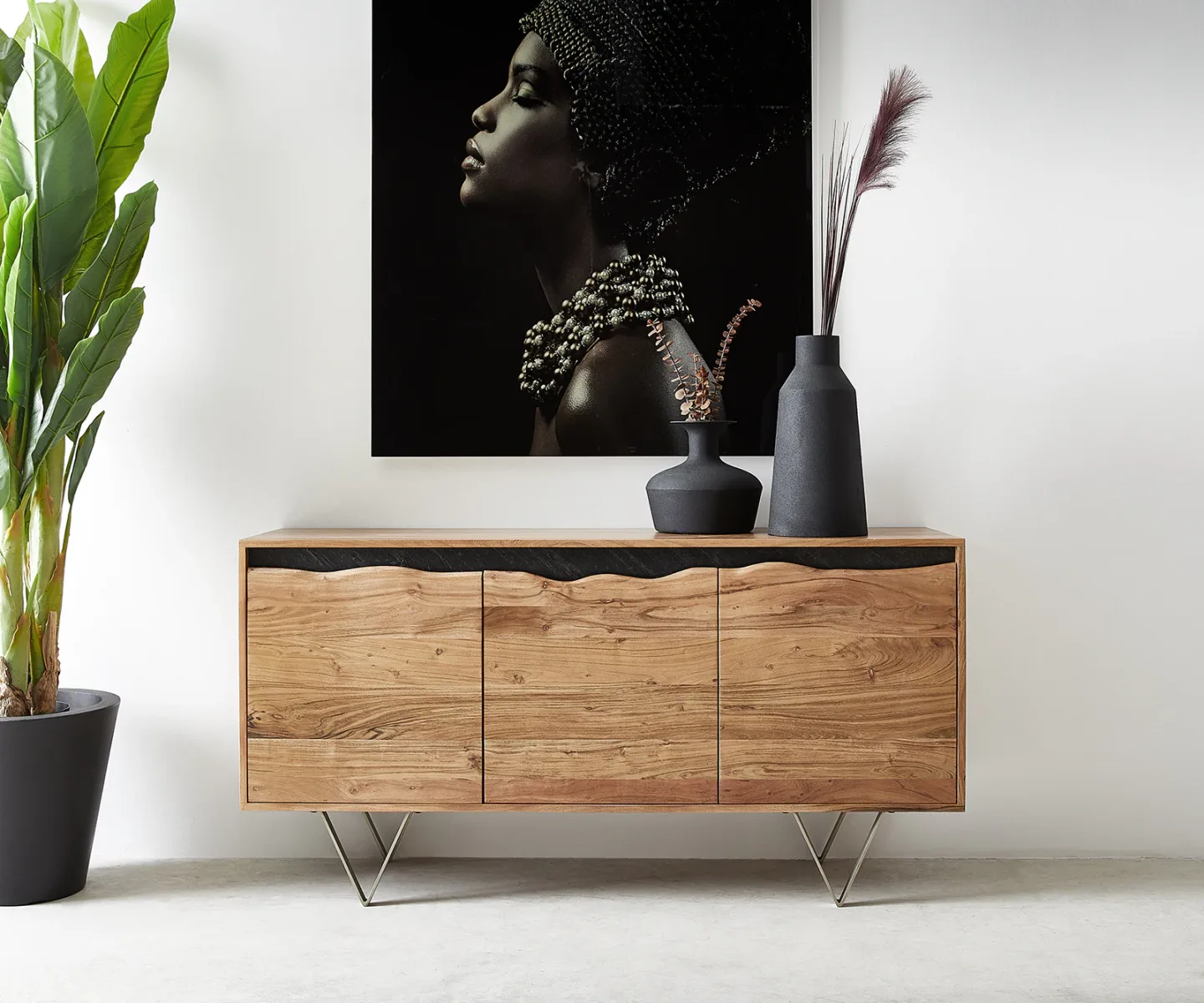Sideboard Stonegrace 200x45 cm Akazie Natur 4 Türen Baumkante