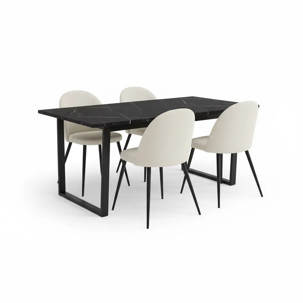 Tilst Essgruppe Esstisch mit schwarzem Marmordruck und 4 Stühlen Samt Beige.