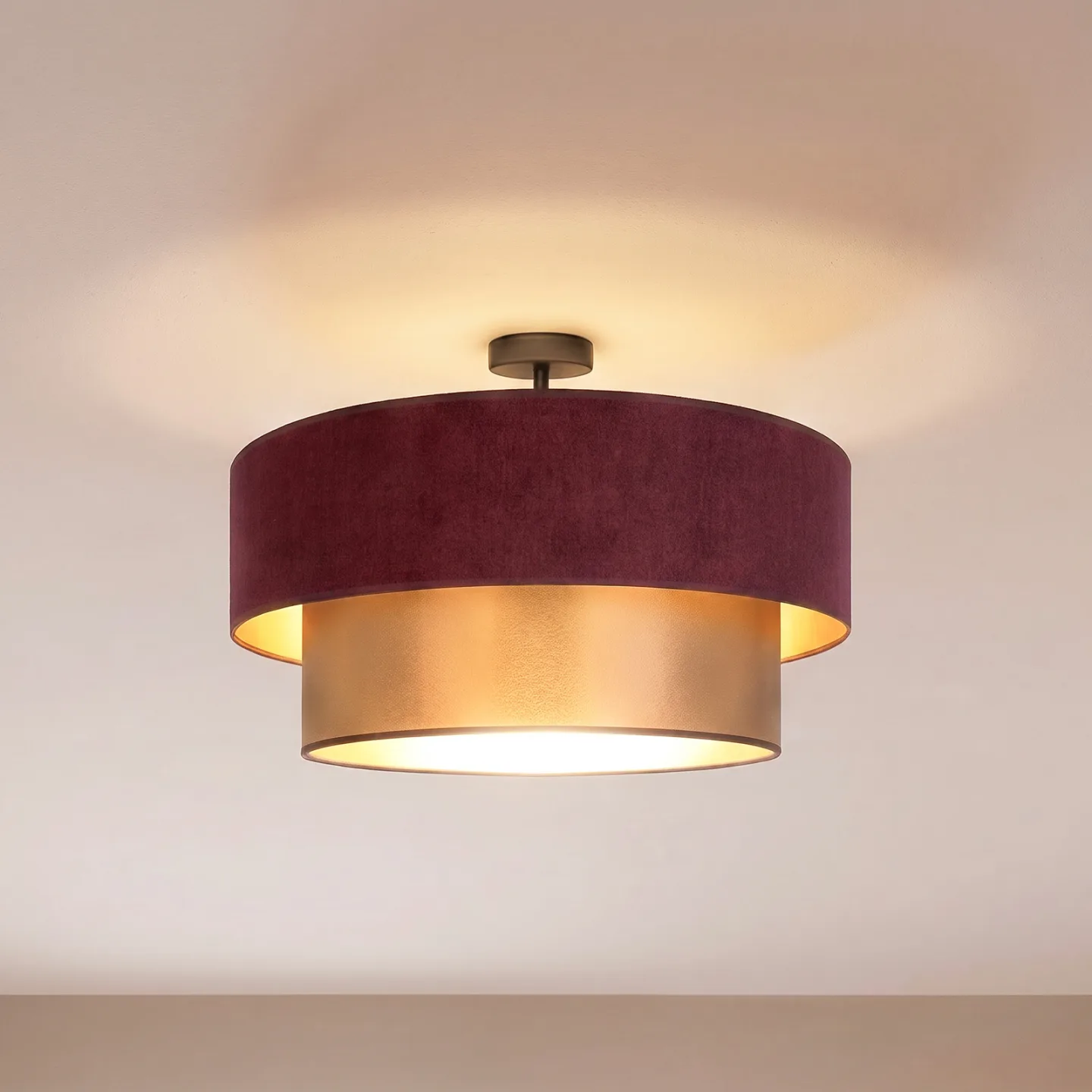 Dorina loftlampe, mørkerød/guld, Ø 60 cm, tekstil, E27 – Duolla - Køkken - Ungdommelig - Stof / tekstil - Med én lyskilde