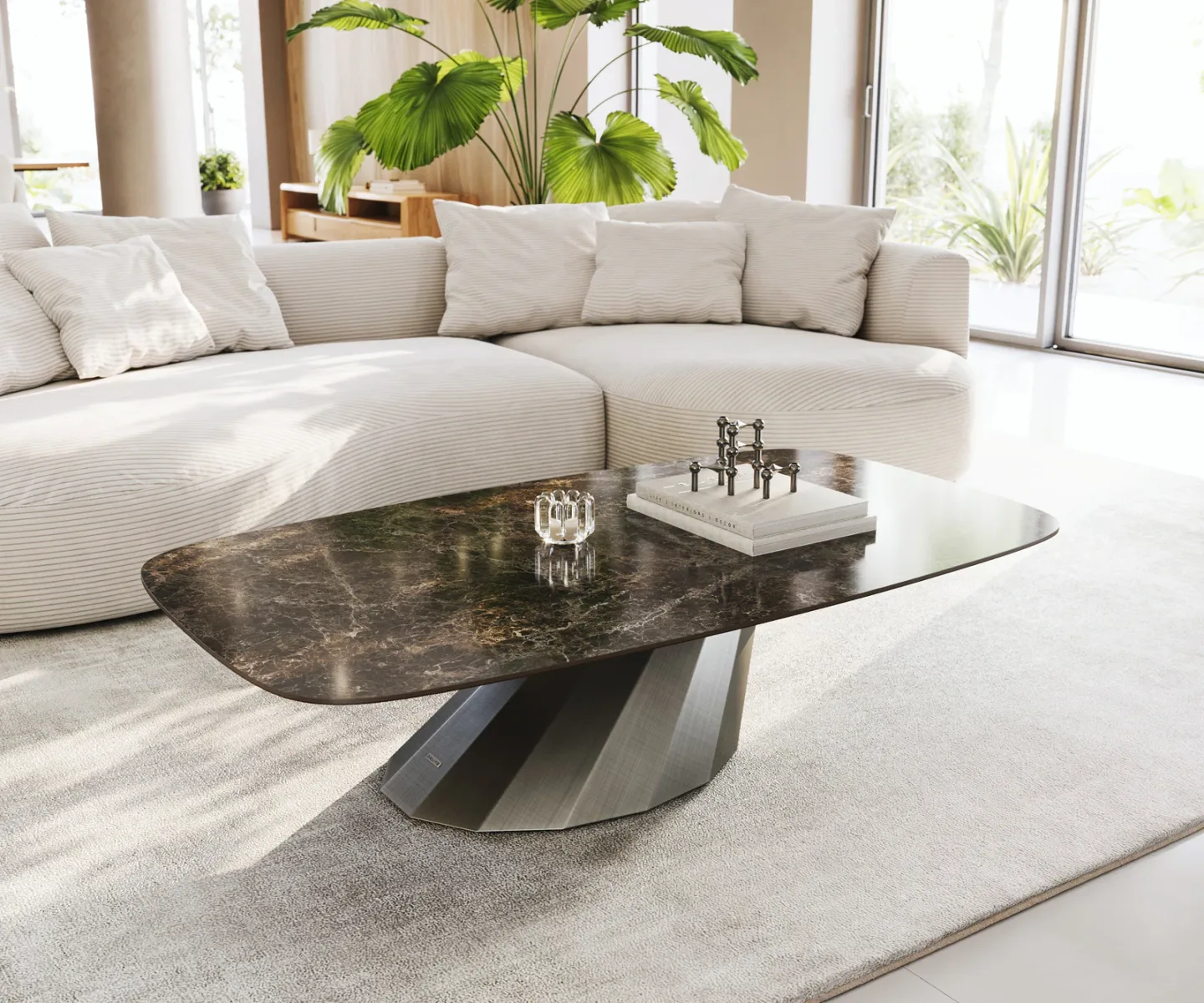 Couchtisch Edge Boot 140x80 cm Keramik Emperador Extra Lucidato Dunkelbraun Parabi Metallic Silber