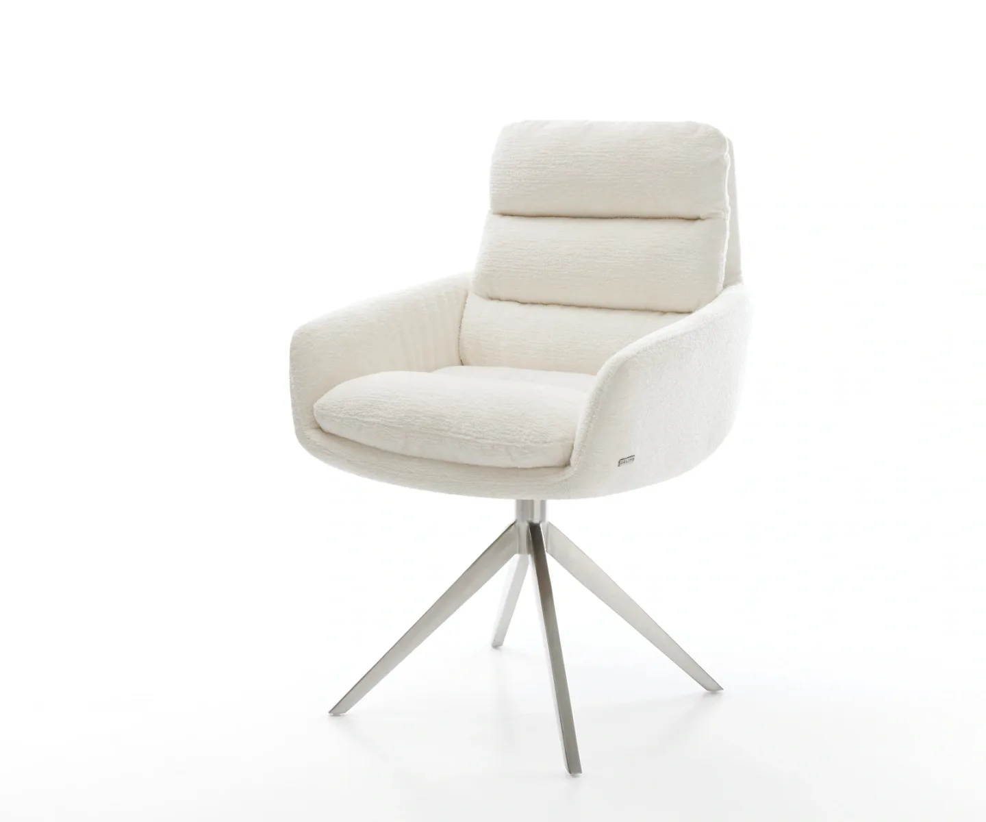 Drehstuhl Abelia-Flex mit Armlehnen Bouclé Soft Beige Kreuzgestell breit Edelstahl 360° drehbar Wippfunktion
