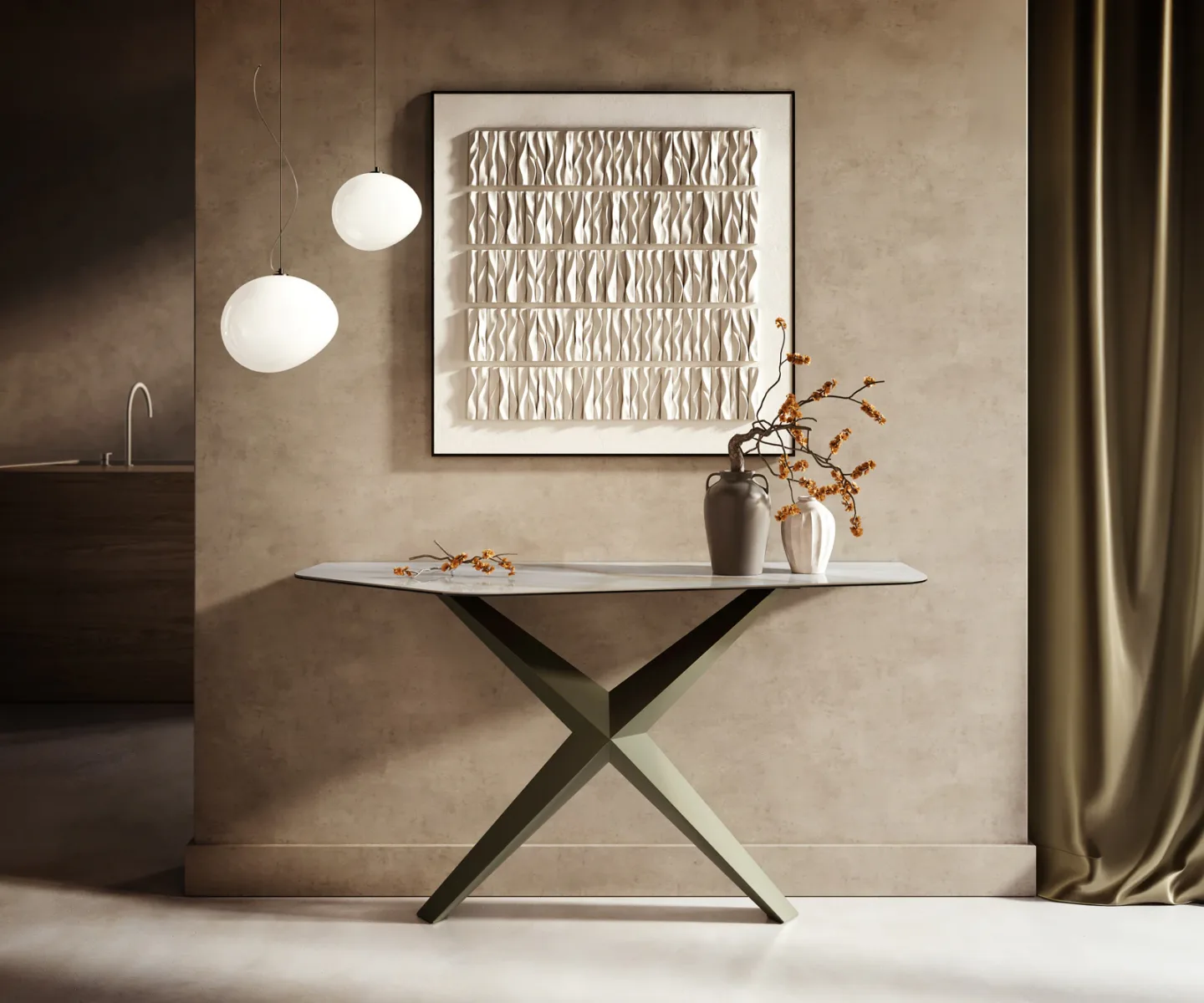 Konsolentisch Edge Polygonal 140x50 cm Keramik Onyx Pearl Zentharo Metall Effektfinish Titan