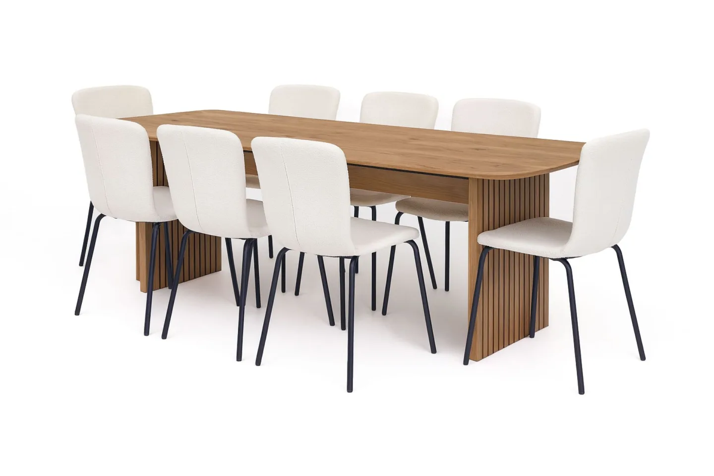 Richeto Matbord 240 cm med 8 Katy Matstolar - Naturlig finish / Vit Bouclé / Metallben Svart