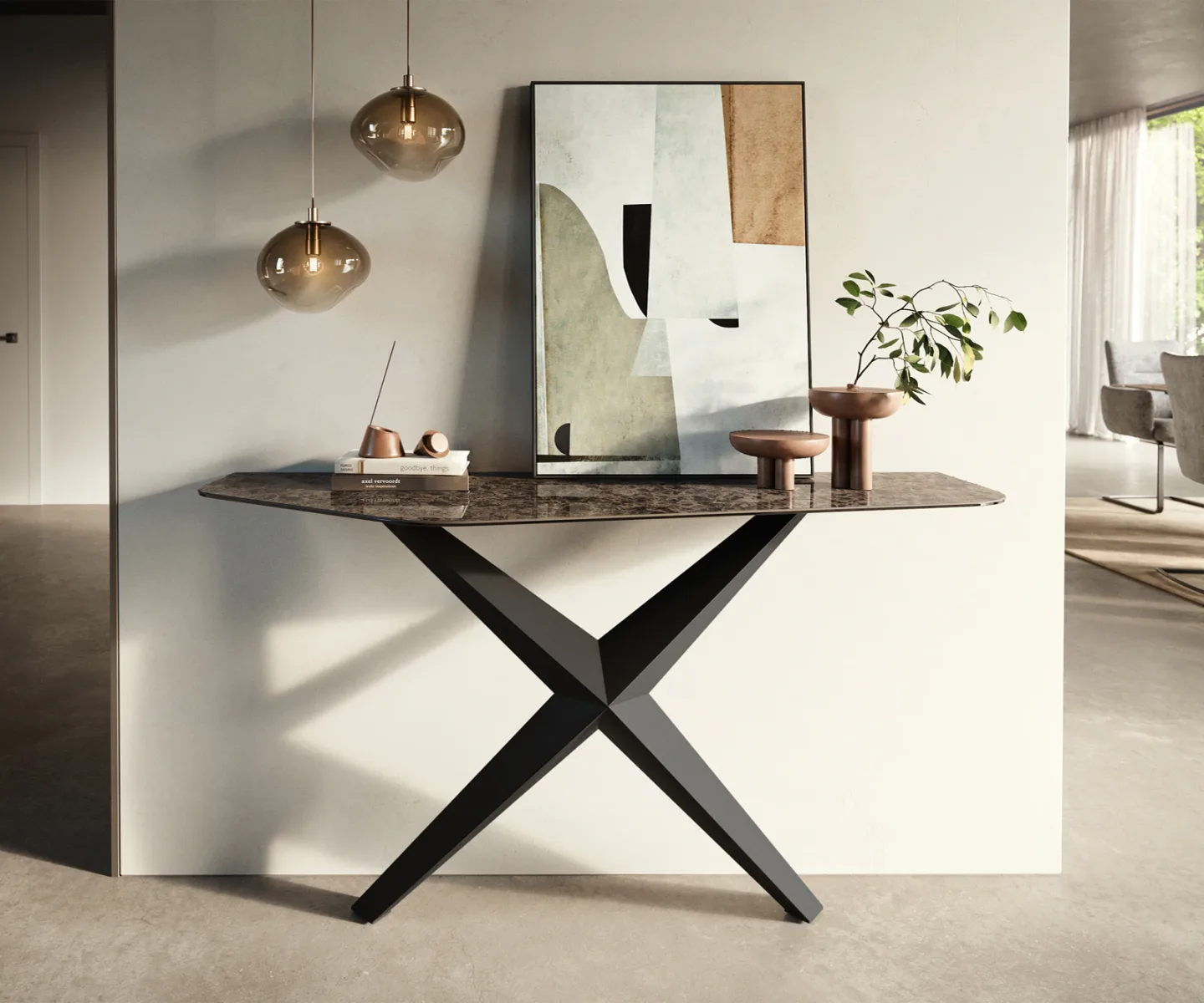 Konsolentisch Edge Polygonal 140x50 cm Keramik Emperador Extra Lucidato Dunkelbraun Zentharo Metall Schwarz