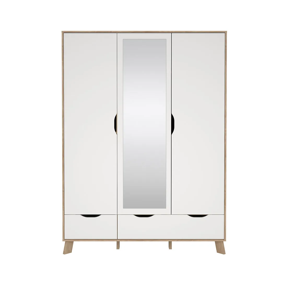 Ikast Kleiderschrank 201x148x58cm, 2 Türen, 1 Spiegeltür, 2 Schubladen Eichen-Dekor, weiß.