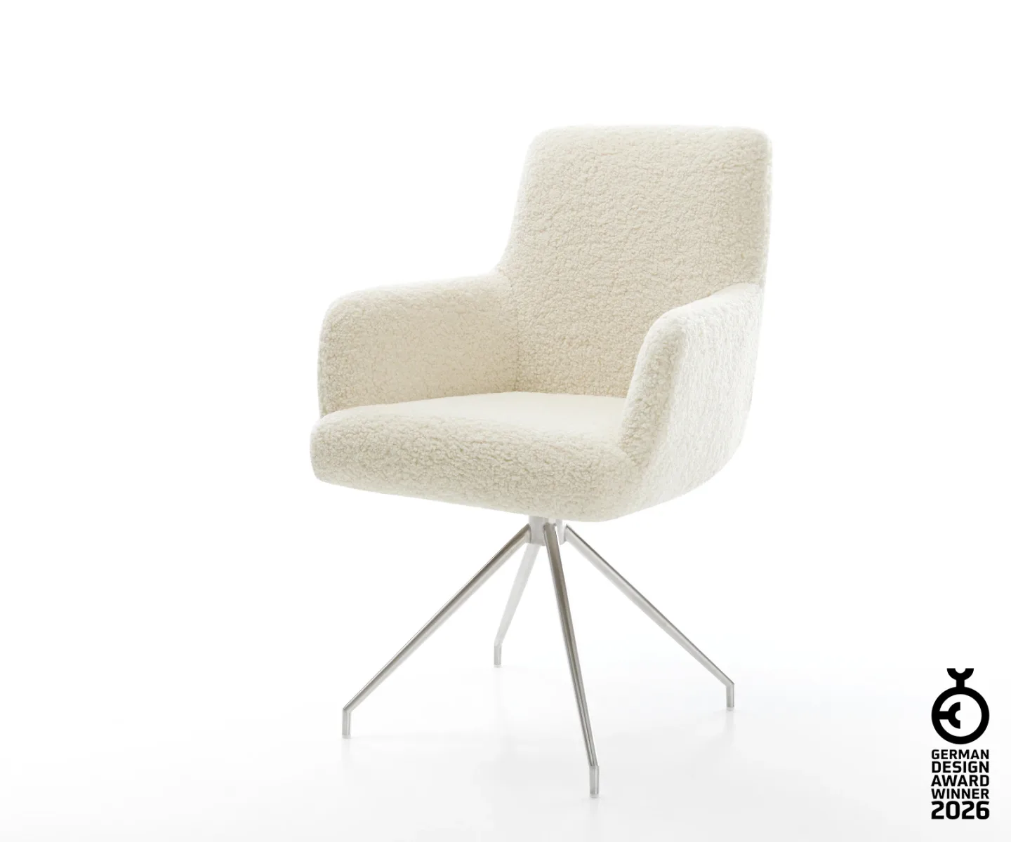 Esszimmerstuhl Heira-Flex mit Armlehnen Teddystoff Beige Kreuzgestell konisch Edelstahl Taschenfederkern