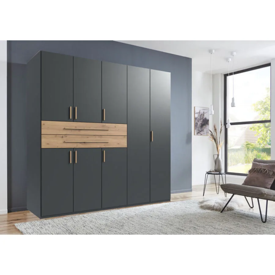 Kleiderschrank Stride Grafit, Abs. Artisan-Eiche-Nachbildung - Griffe Artisan-Eiche-NB Mischholz B 225 cm