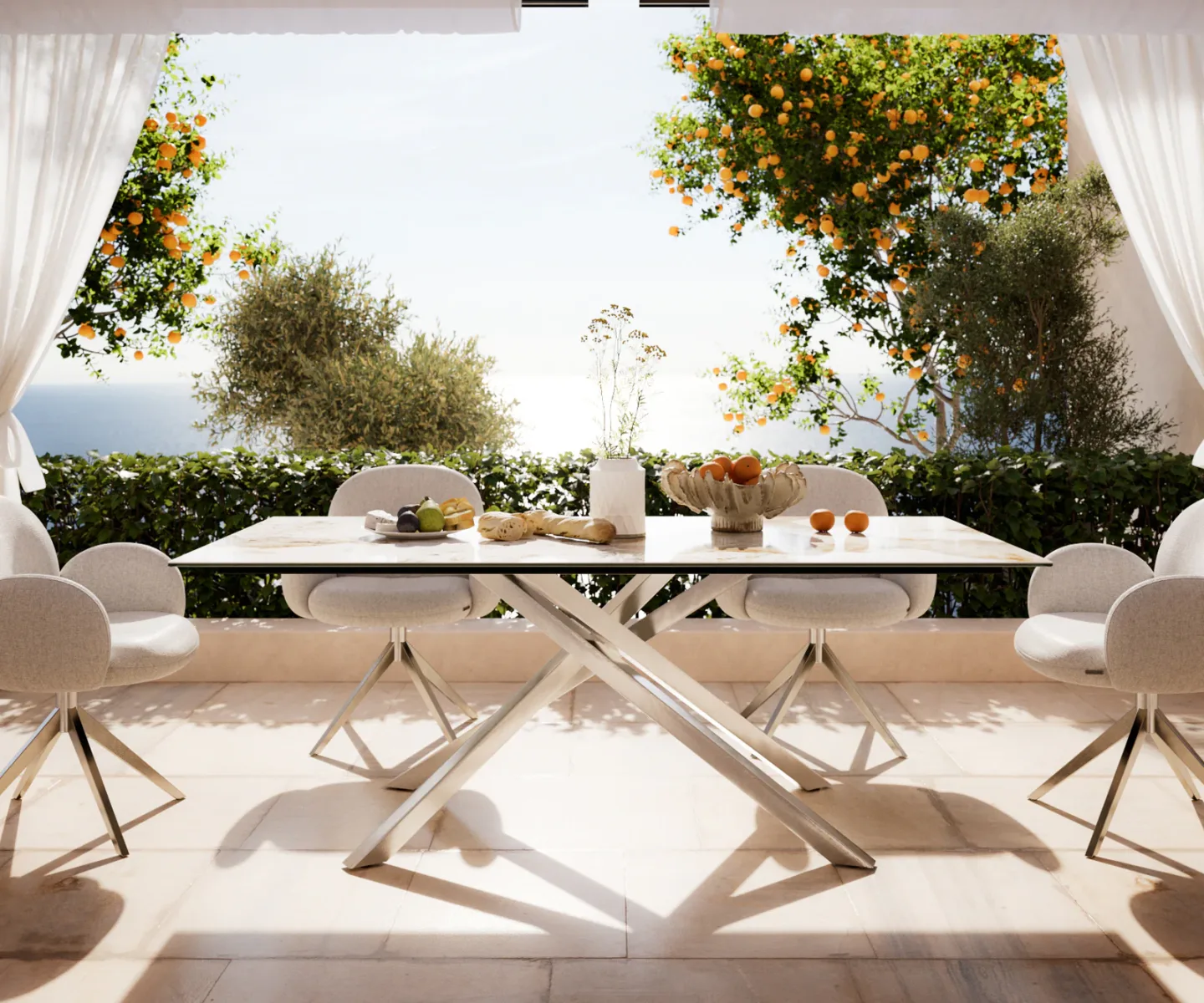 Outdoortisch Edge 200x100 cm Keramik Minas Melange Weiß-Beige Kreuzgestell Rechteck Edelstahl
