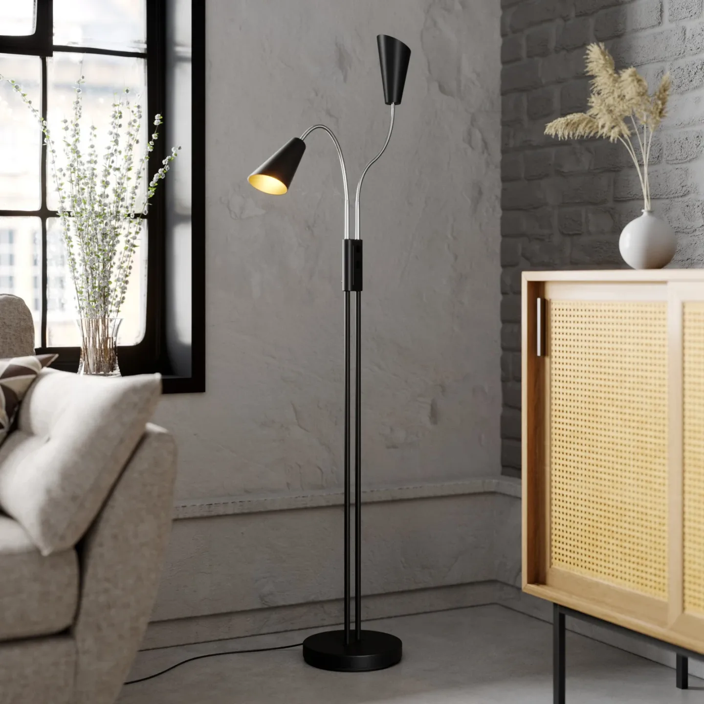 Medira Stehleuchte Black/Gold - Lucande - Wohnzimmer - Modern - Metall - Mehrflammig