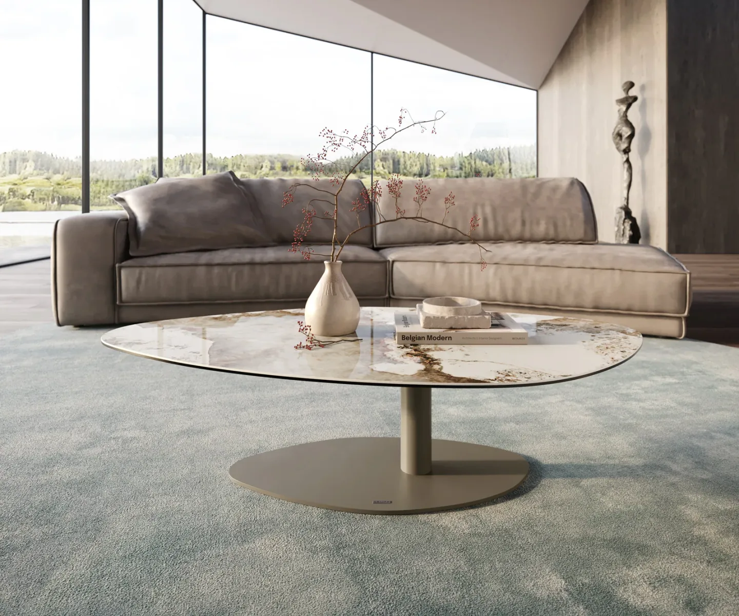 Couchtisch Edge Organisch 140x76 cm Keramik Minas Melange Vibany Metall Effektfinish Titan