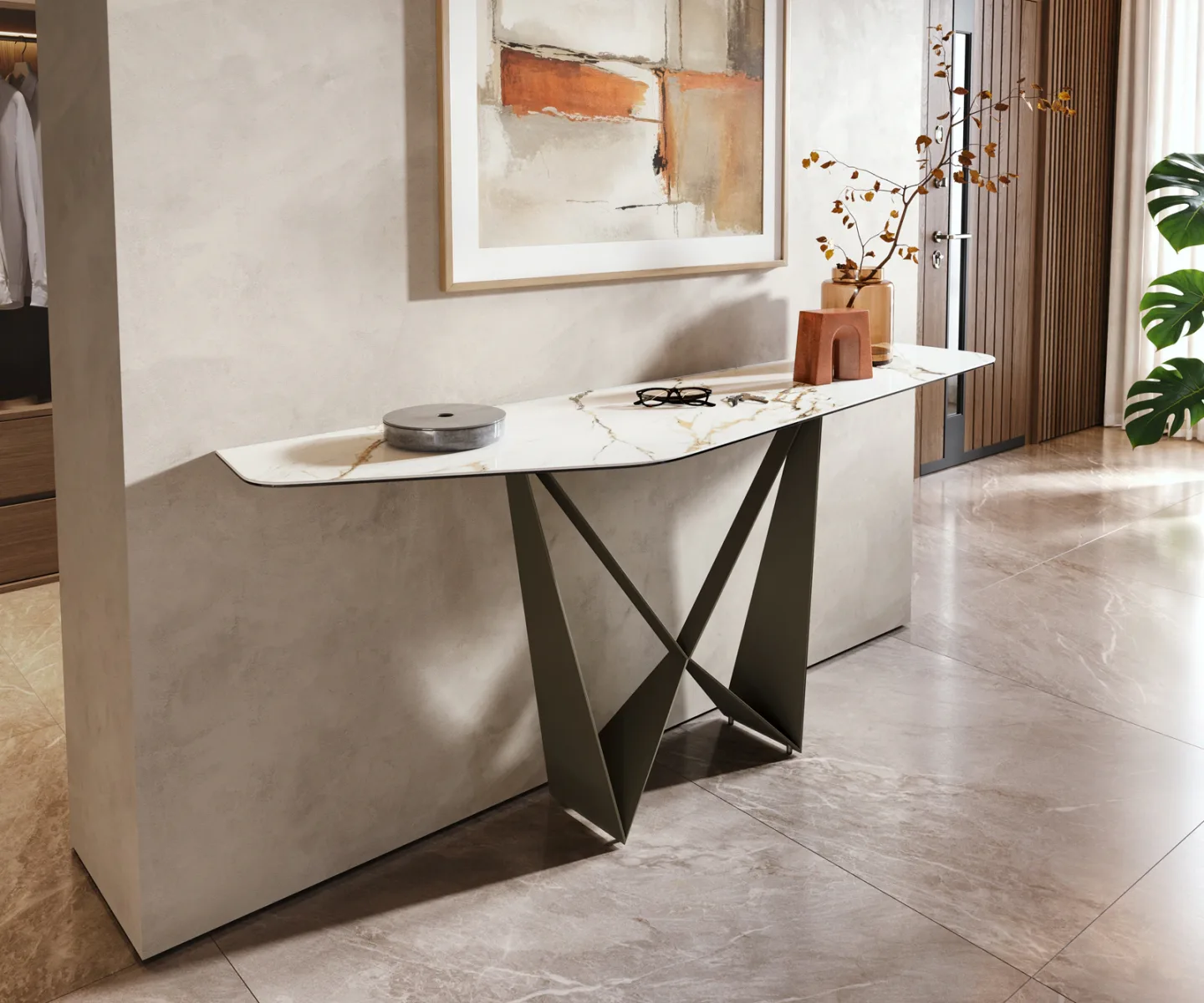 Konsolentisch Edge Polygonal 180x50 cm Keramik Calacatta Luxe Weiß-Gold-Grau Spios Metall Effektfinish Titan