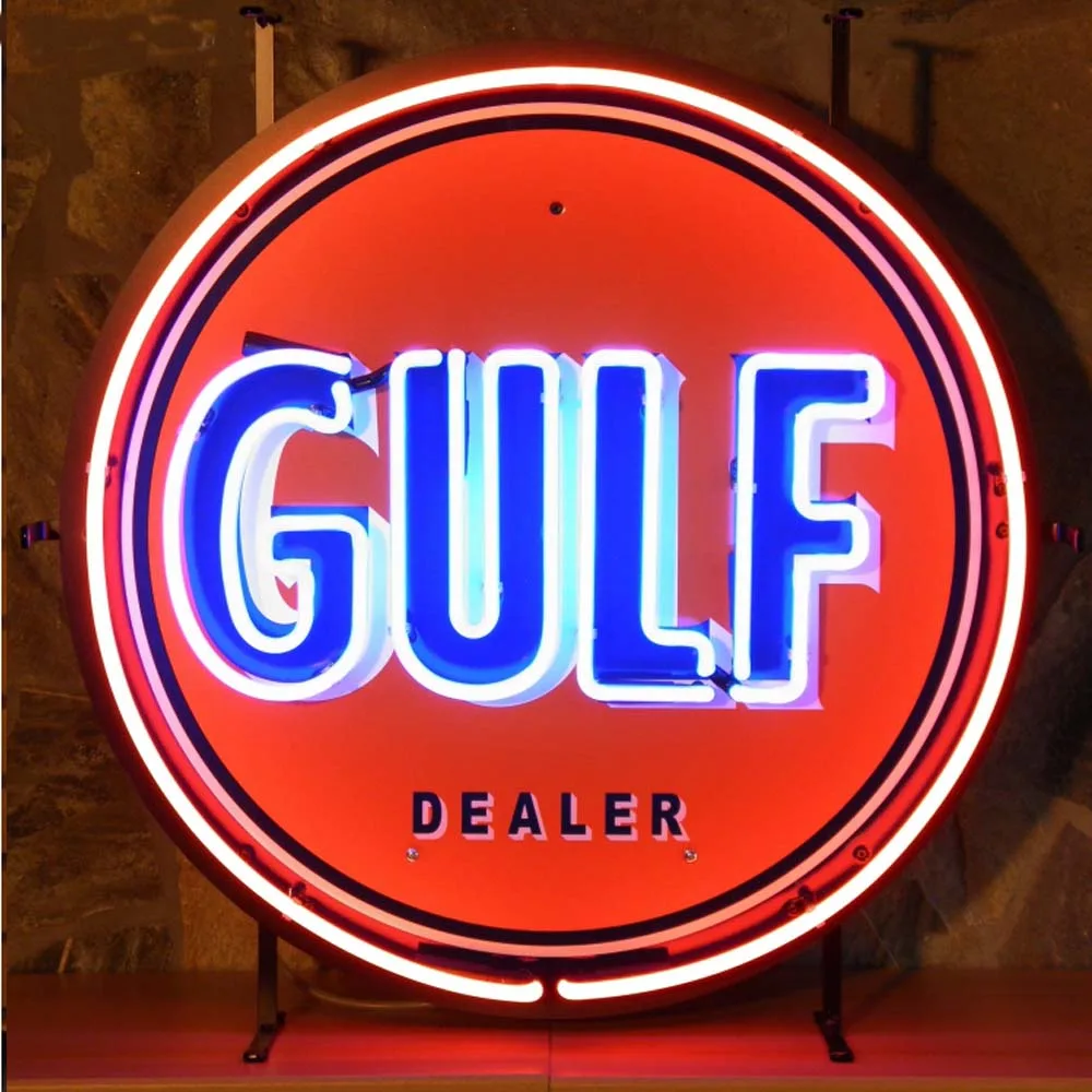 Neonskylt Gulf dealer med bakgrund