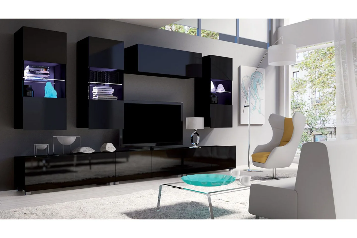 Tessan TV-möbelset - Svart/Blå Led-Belysning