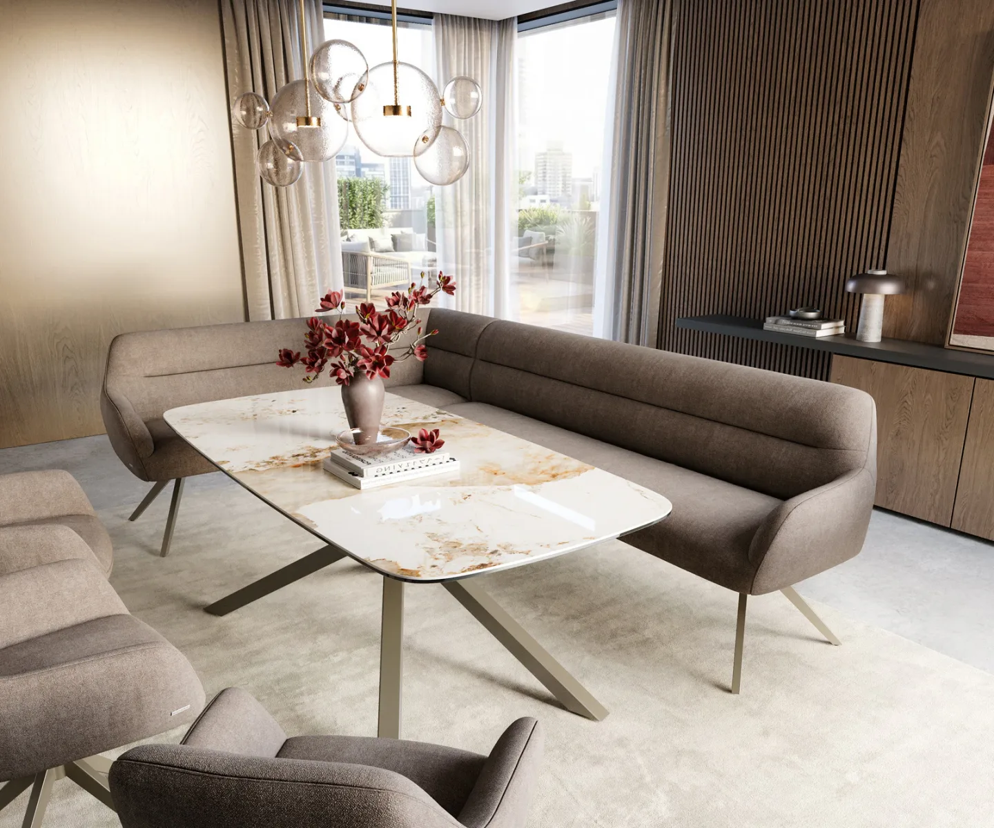 Esszimmerbank Taya-Flex 285x190 cm Strukturstoff Soft Taupe Kreuzgestell kantig Effektfinish Titan Taschenfederkern Links
