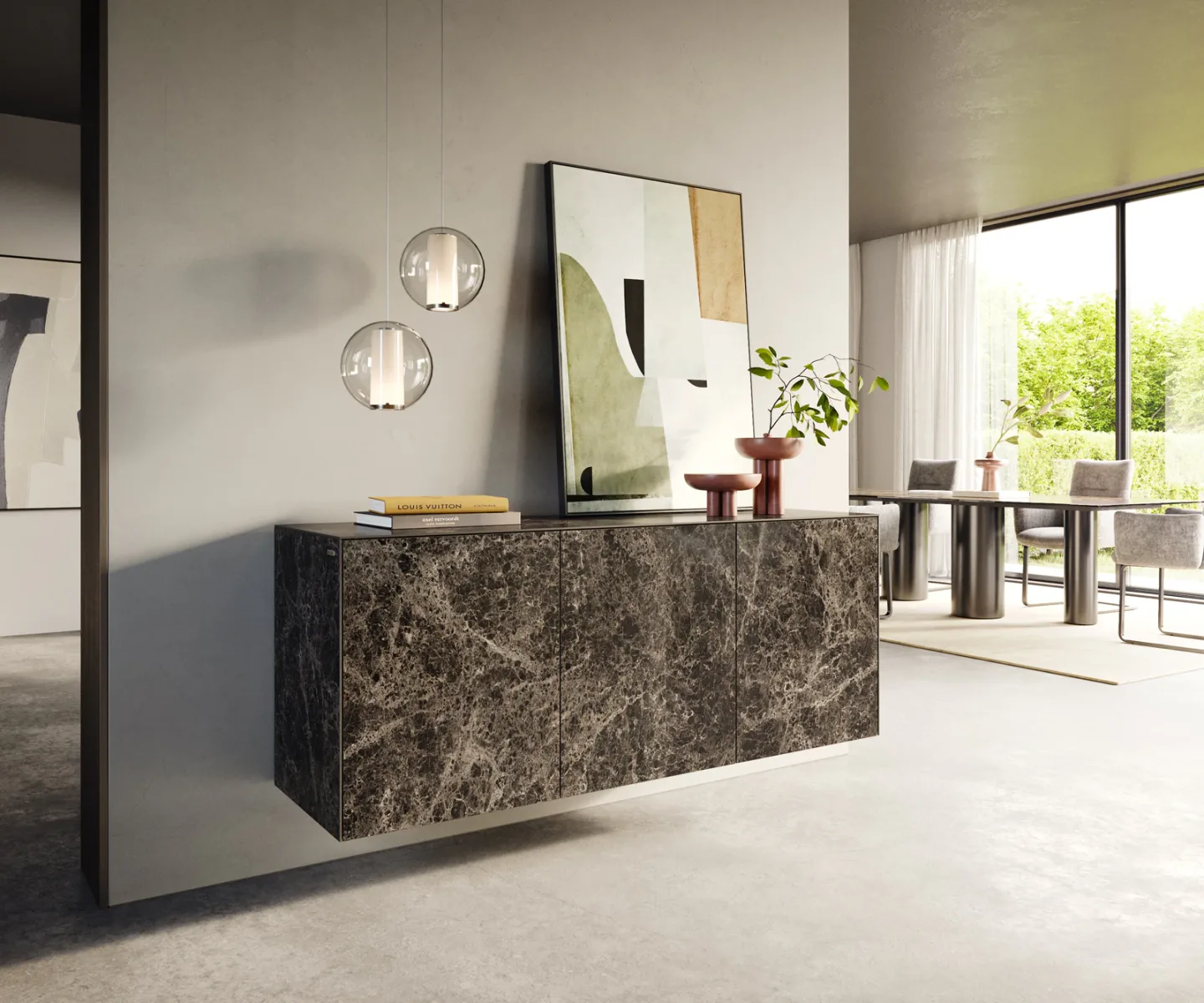 Sideboard Cuor 150 cm Keramik Emperador Extra Lucidato Dunkelbraun 3 Türen Schwebend