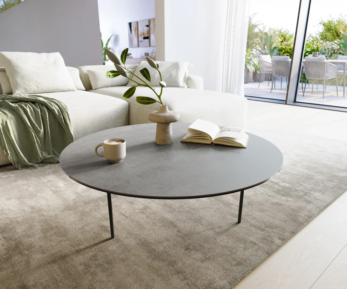 Couchtisch Edge Rund 100x100 cm Keramik Beton Grau Trive Metall Schwarz