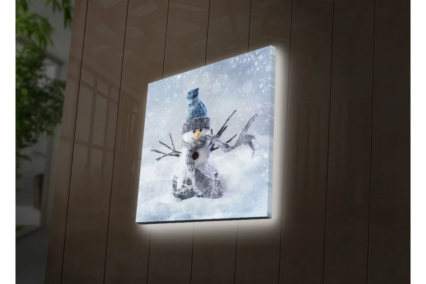 Canvastavla med LED-belysning 40x40 cm - Snögubbe i vinterlandskap med snöfall - Vit / Blå / Grå