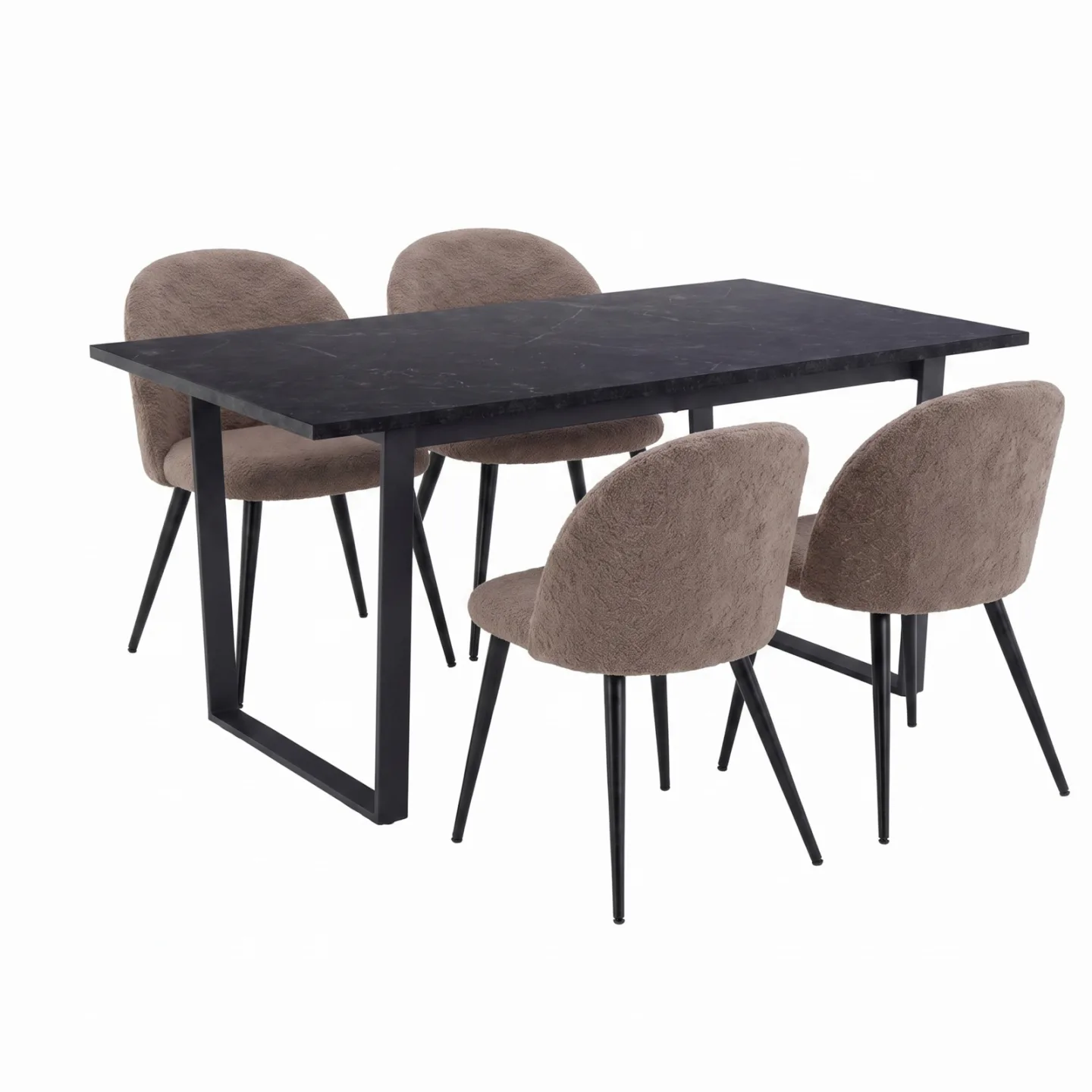 Tilst Essgruppe Tisch Marmoroptik schwarz 90x160 und 4 Bouclé-Stühle braun.
