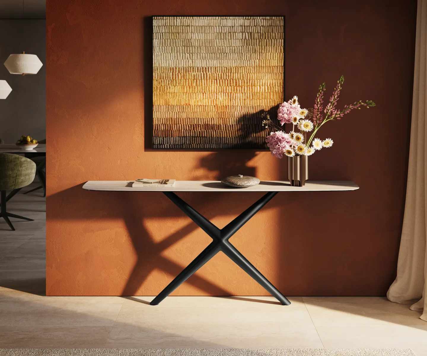 Konsolentisch Edge Boot 180x40 cm Keramik Laminam® Travertino Bianco Creme-Weiß Estelo Metall Schwarz