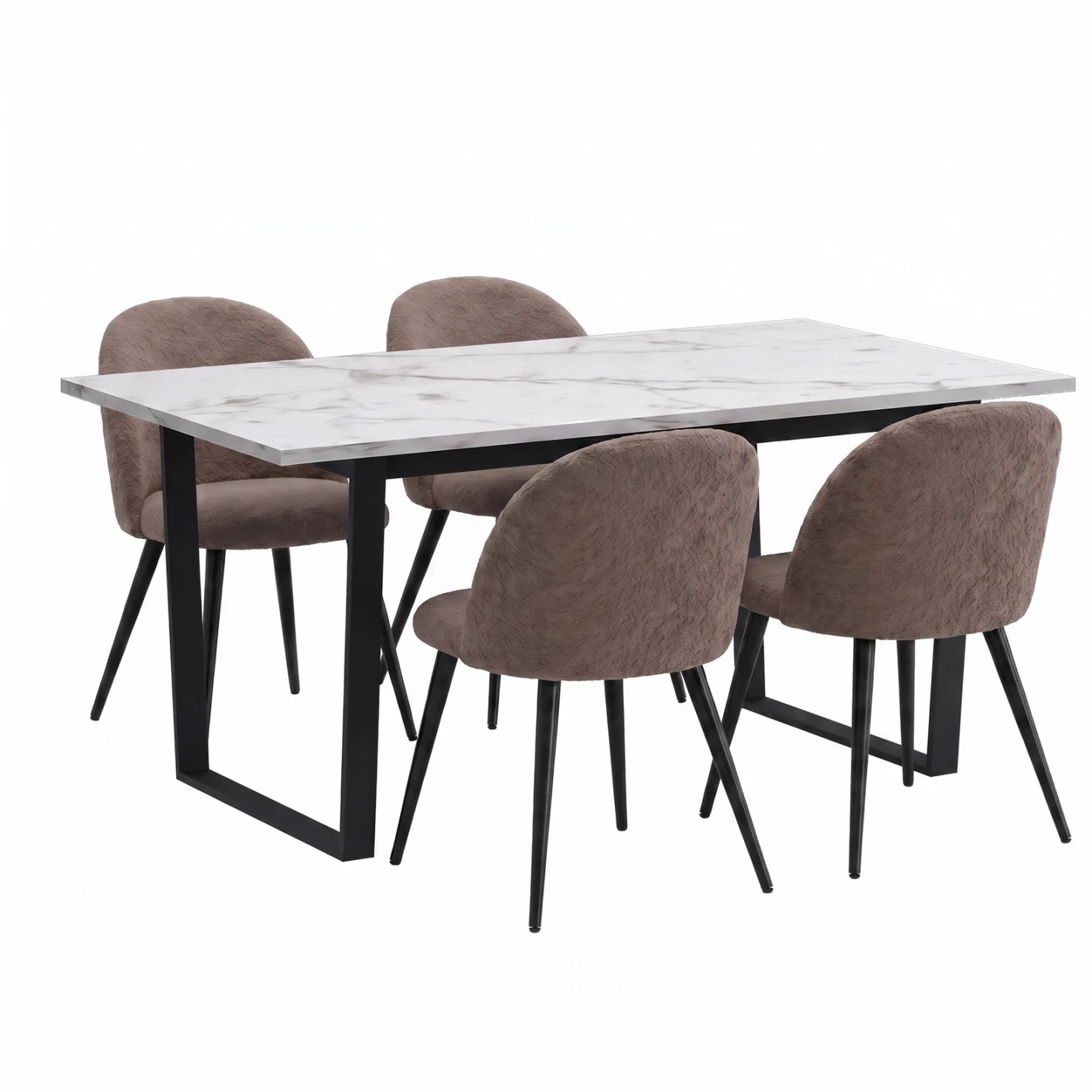 Tilst Essgruppe Tisch Marmoroptik weiß 90x160 und 4 Bouclé-Stühle braun.