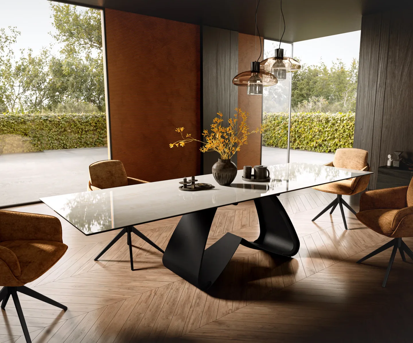 Esstisch Edge 300x100 cm Keramik Onyx Champagne W-Gestell Metall Schwarz