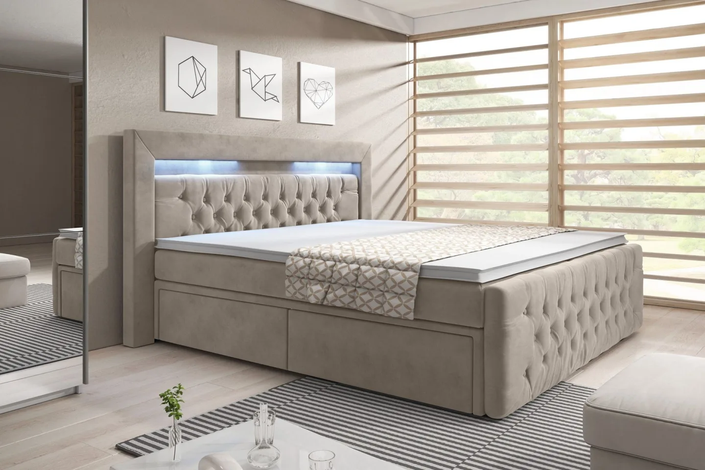 Franco Komplett Sängpaket med förvaring LED-belysning 160x200 cm - Beige / Sammet