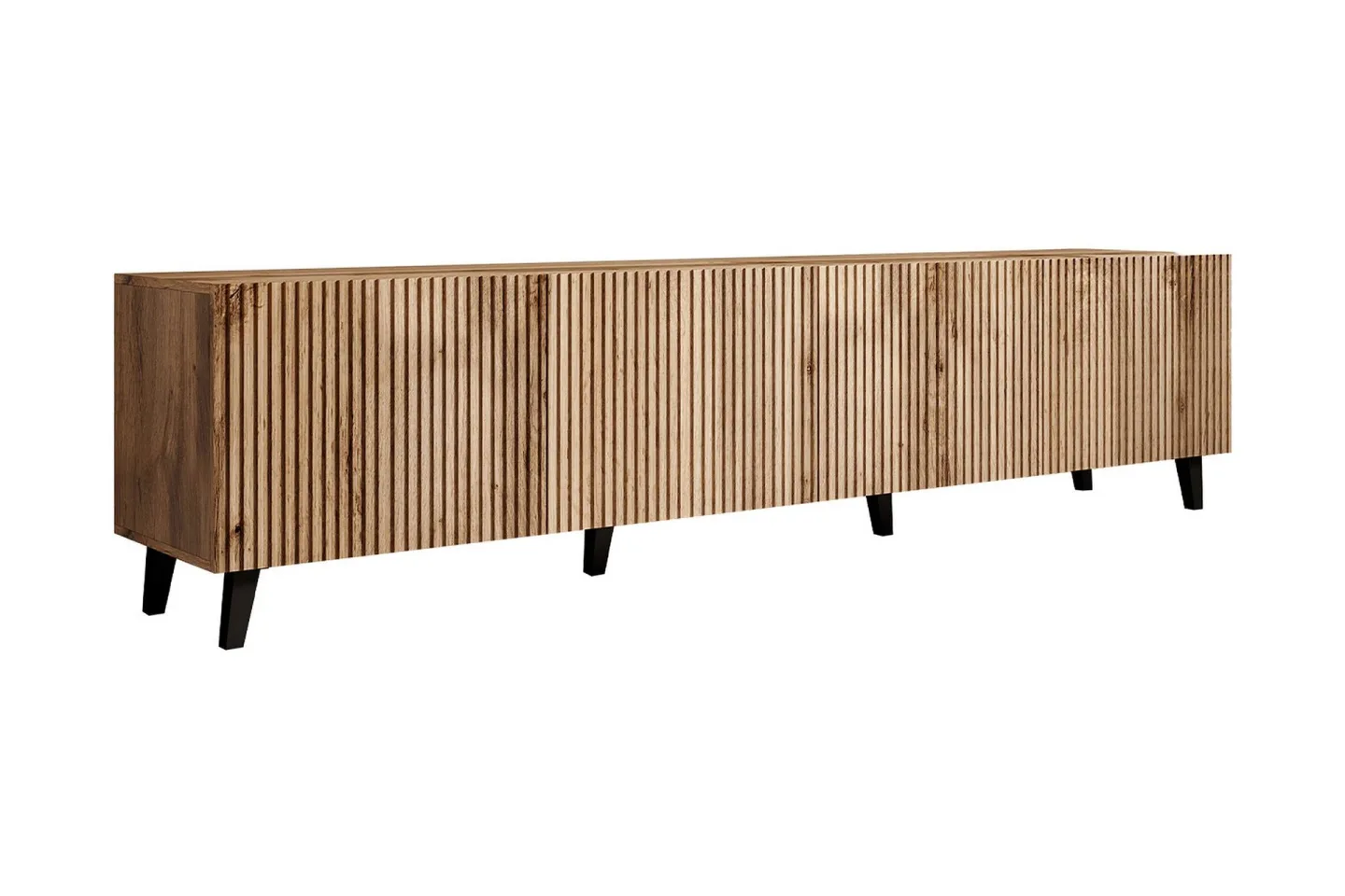 Juniskär Ribbad TV Bänk i trä med förvaring - 40 cm djup 200 cm bred 49 cm hög - Ek / Svart / Trä / Ribbad