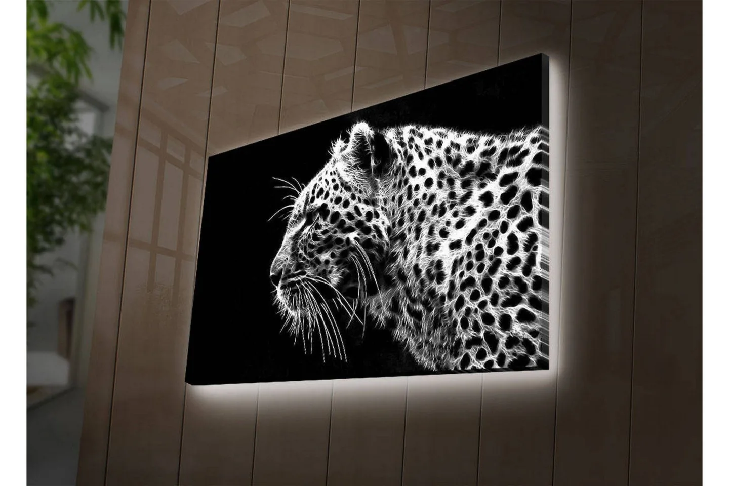 Canvastavla med LED-belysning 45x70 cm - Svartvit leopardprofil med detaljerad pälsstruktur - Svart / Vit