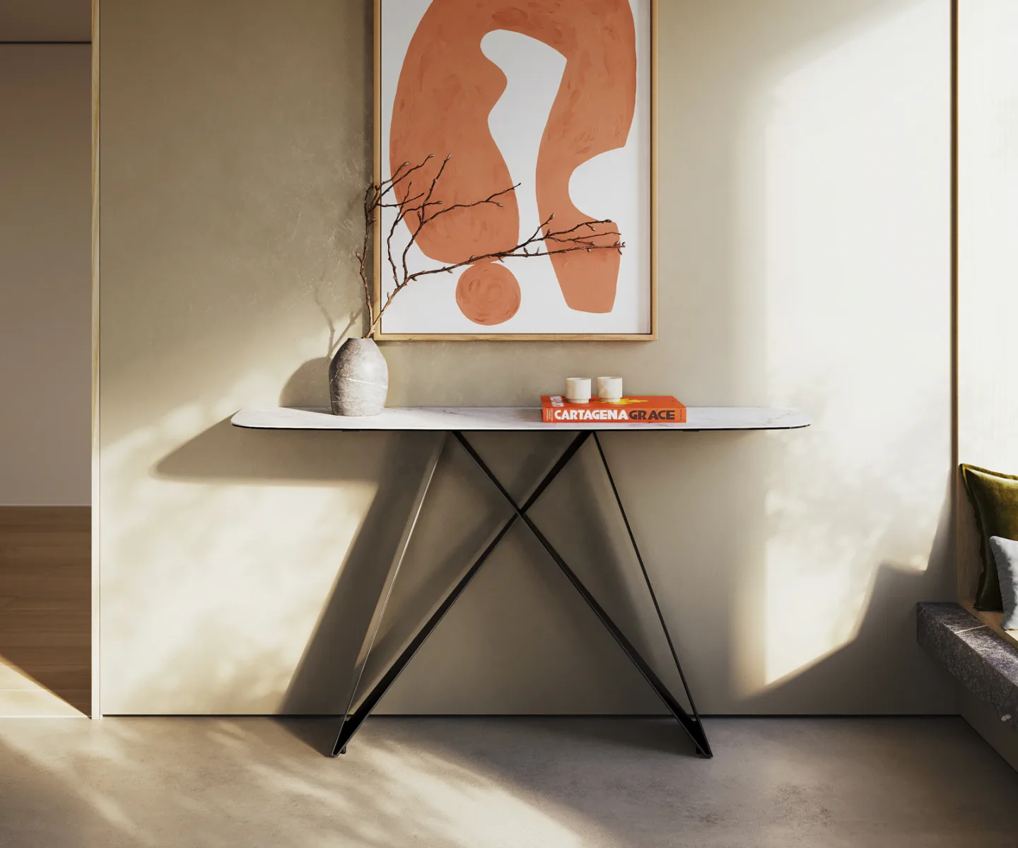 Konsolentisch Edge Boot 140x40 cm Keramik Laminam® Statuarietto Weiß Velio Metall Schwarz