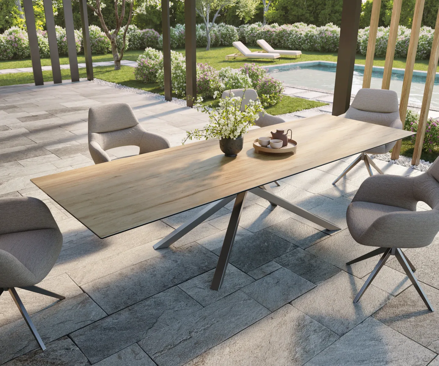 Outdoortisch Edge 300x100 cm Keramik Laminam® Sabbia Eichefarbig Kreuzgestell Rechteck Edelstahl