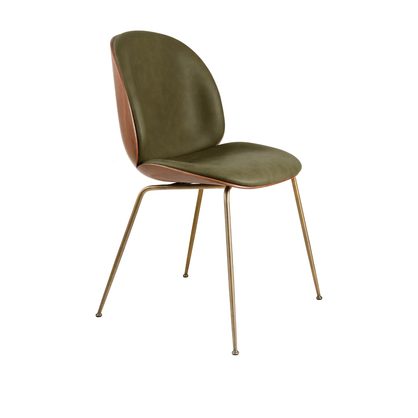 Gubi - Beetle Dining Chair - Front Upholstered, Conic base, Soft Leather Army, GUBIVeneer Shell American Walnut Semi Matt Lacquered, Antique Brass Base, Standard Glides - Matstolar - GamFratesi - Grön