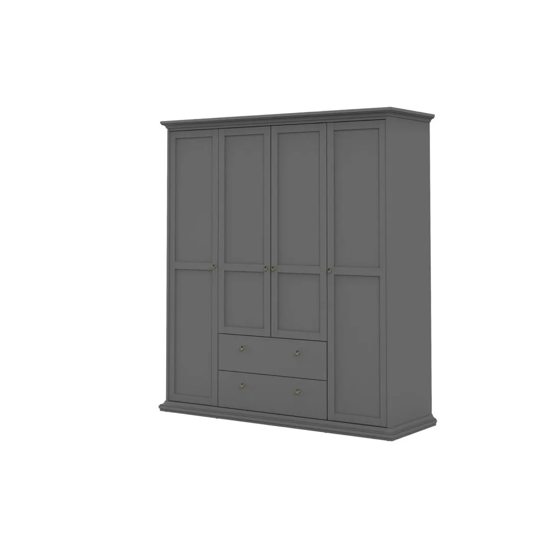 Venedig Kleiderschrank 4 Türen und 2 Schubladen matt grau.
