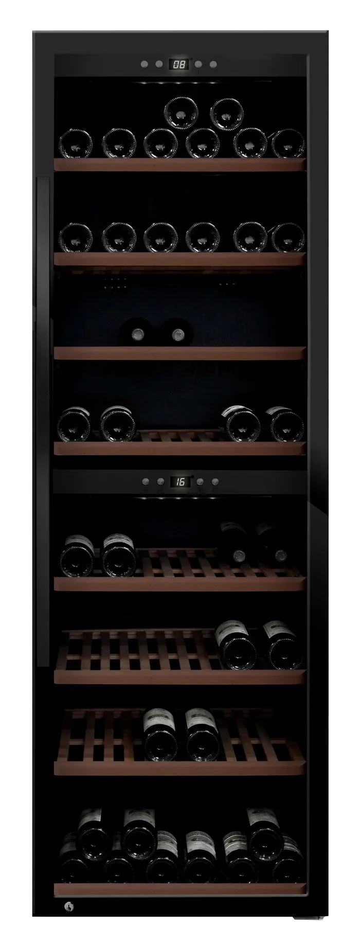 Weinkühlschrank freistehender abschließbar, mQuvée WineExpert 180 Fullglass Black, schwarz, 2 Temperaturzonen, 180 Flaschen