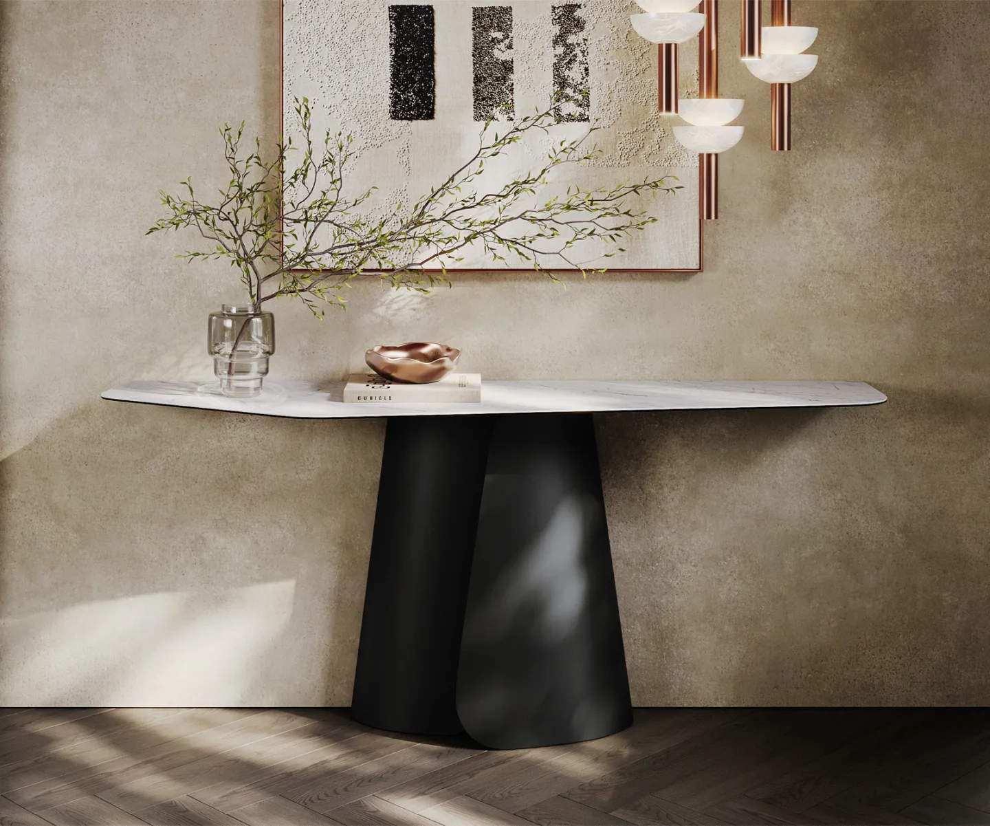 Konsolentisch Edge Polygonal 180x50 cm Keramik Laminam® Statuarietto Weiß Livos Metall Schwarz