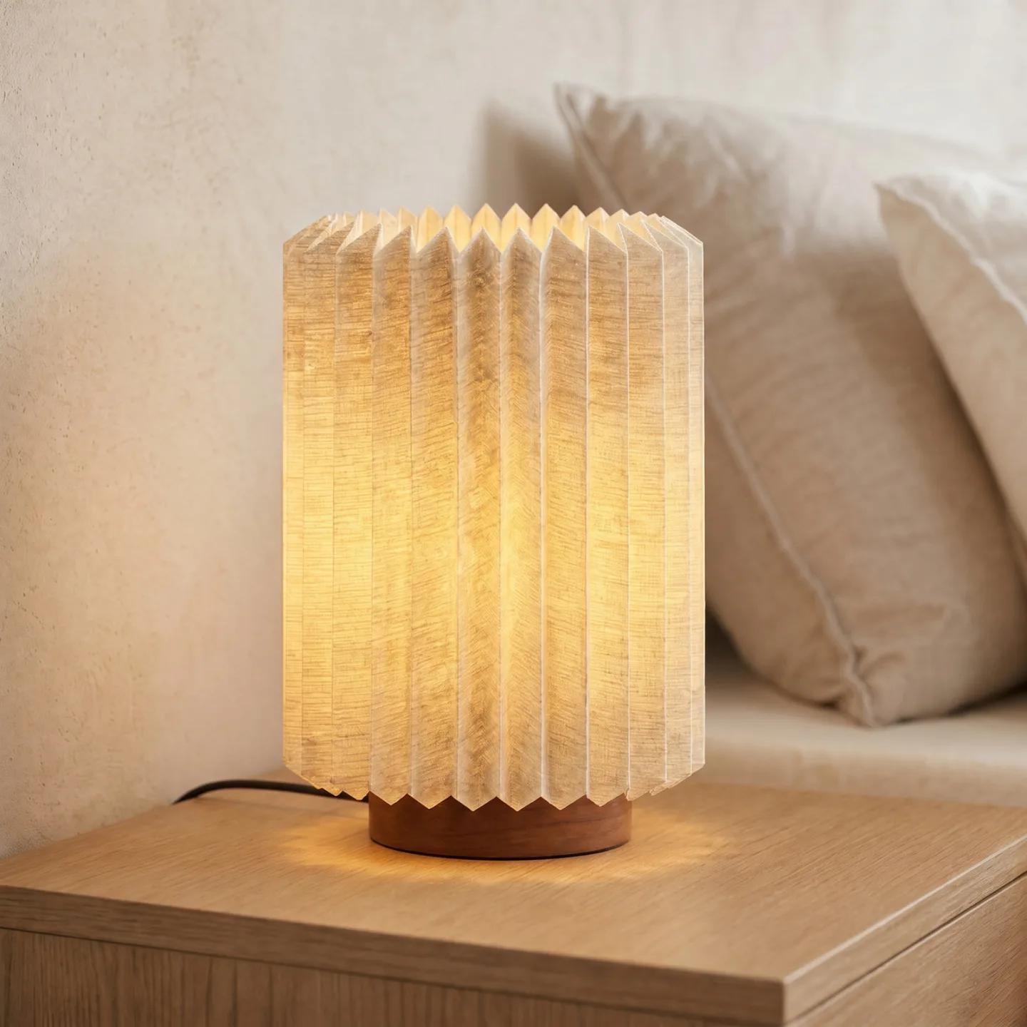 Tischleuchte, walnuss/Leinen, gefaltet, Höhe 30 cm - Lindby Maveo - Wohnzimmer - Skandinavisch - Stoff / Textil - Einflammig