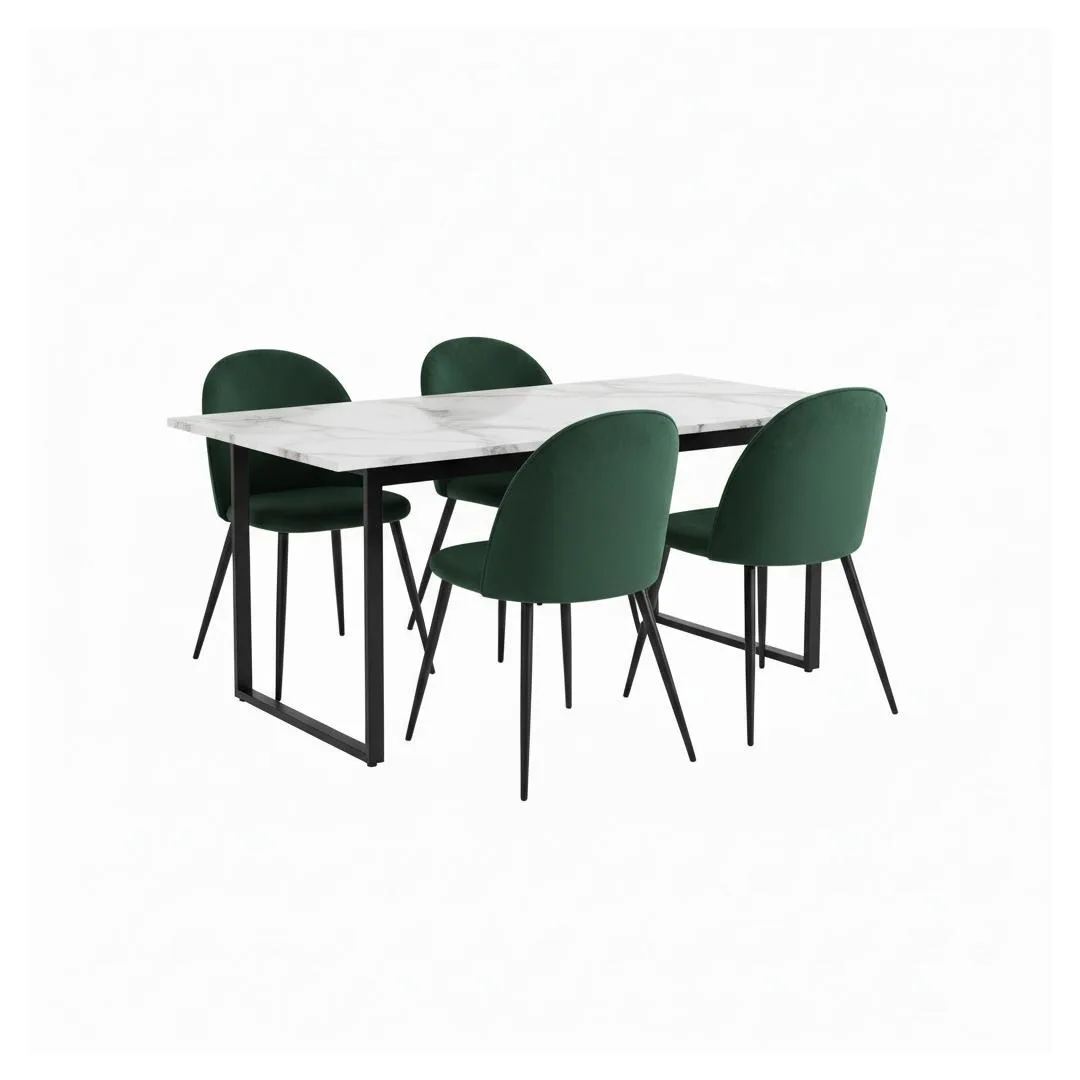 Tilst Essgruppe Tisch weiß Marmor Print 90x160 4 Stühlen Velour grün.