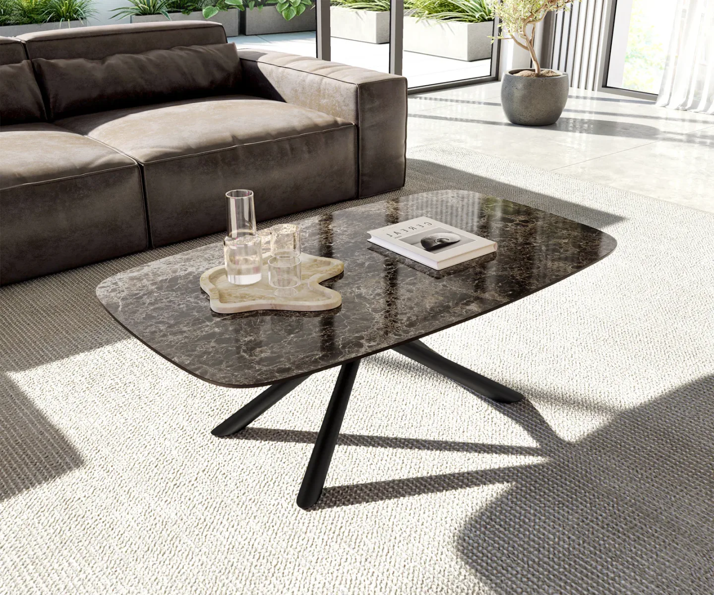 Couchtisch Edge Boot 120x70 cm Keramik Emperador Extra Lucidato Dunkelbraun Sarity Metall Schwarz