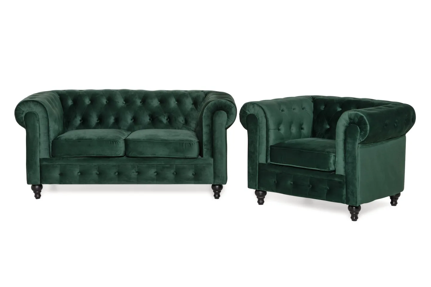 Chesterfield Lyx Soffgrupp 2-sits+Fåtölj Sammet - Mörkgrön