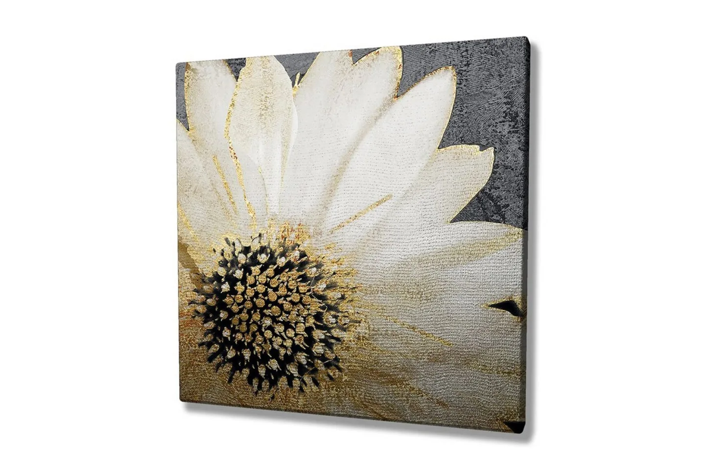 Canvastavla 45x45 cm - Vit blomma med svart mittpunkt och guldiga detaljer - Vit / Svart / Guld