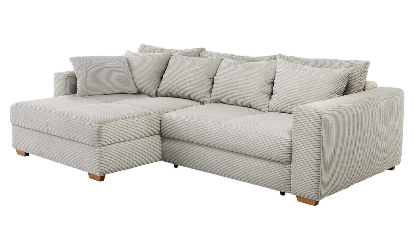Ecksofa Cord Schlaffunktion grau-beige Bettkasten 288 x 186 cm - KAMPEN