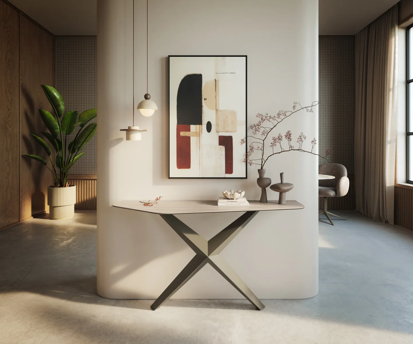 Konsolentisch Edge Polygonal 140x50 cm Keramik Laminam® Travertino Bianco Creme-Weiß Zentharo Metall Effektfinish Titan