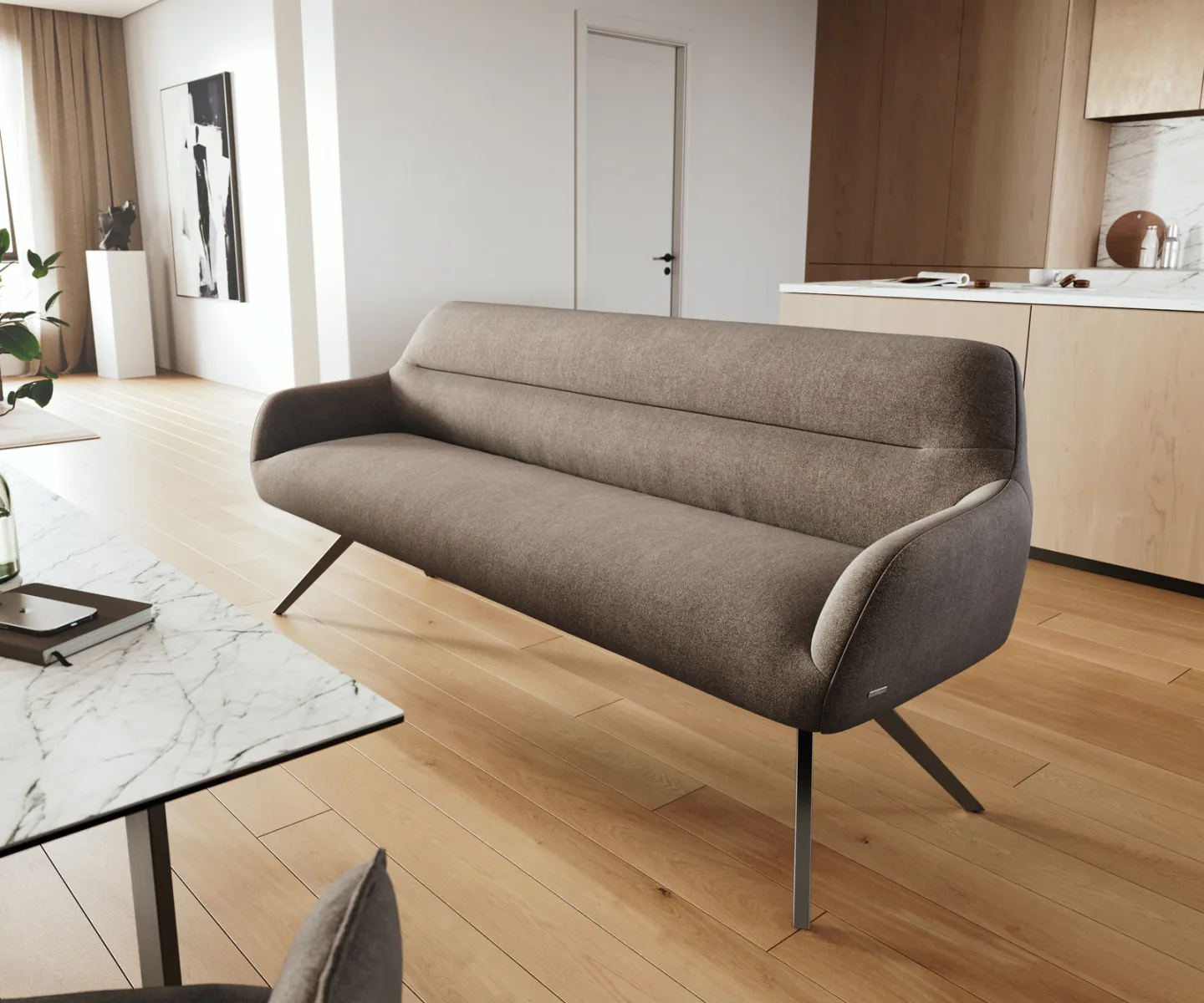 Esszimmerbank Taya-Flex 200 cm Strukturstoff Soft Taupe Kreuzgestell kantig Graphit Taschenfederkern