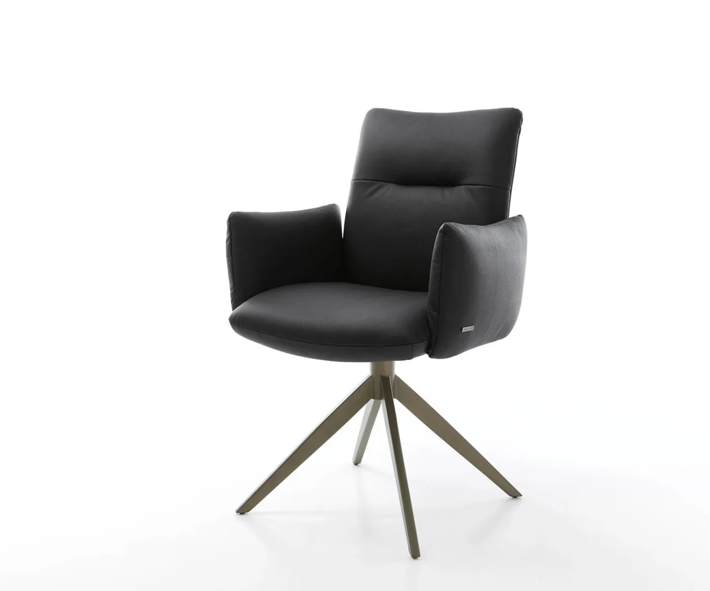 Drehstuhl Jova-Flex mit Armlehnen Echt-Leder Schwarz Kreuzgestell breit Effektfinish Titan 360° drehbar Taschenfederkern